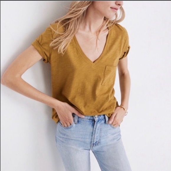 Madewell | Mustard V-Neck Pocket Tee - Picture 2 of 6